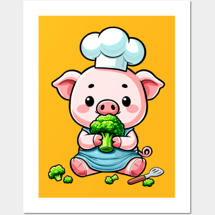 Piglet Chef Eating Broccoli Posters and Art